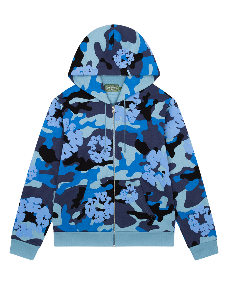Sweat à capuche zippé en coton imprimé camouflage bleu