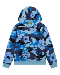 Sweat à capuche zippé en coton imprimé camouflage bleu