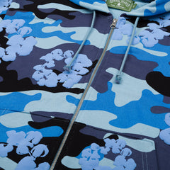 Sweat à capuche zippé en coton imprimé camouflage bleu