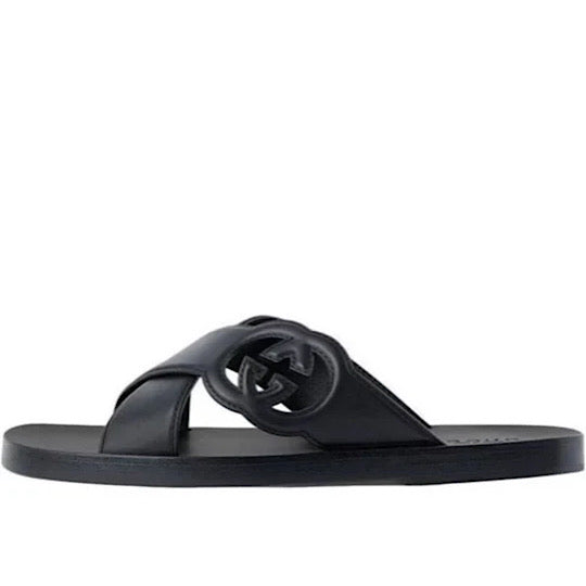 GUCCI INTERLOCKING SLIDE "BLACK SANDALS" #.