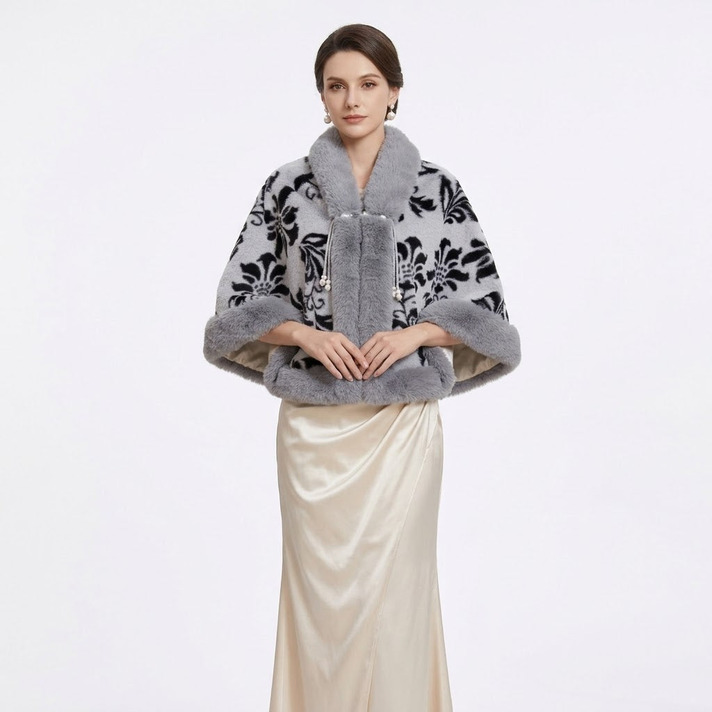 Elegant Cape with Floral Patterns and Faux Fur Finishes